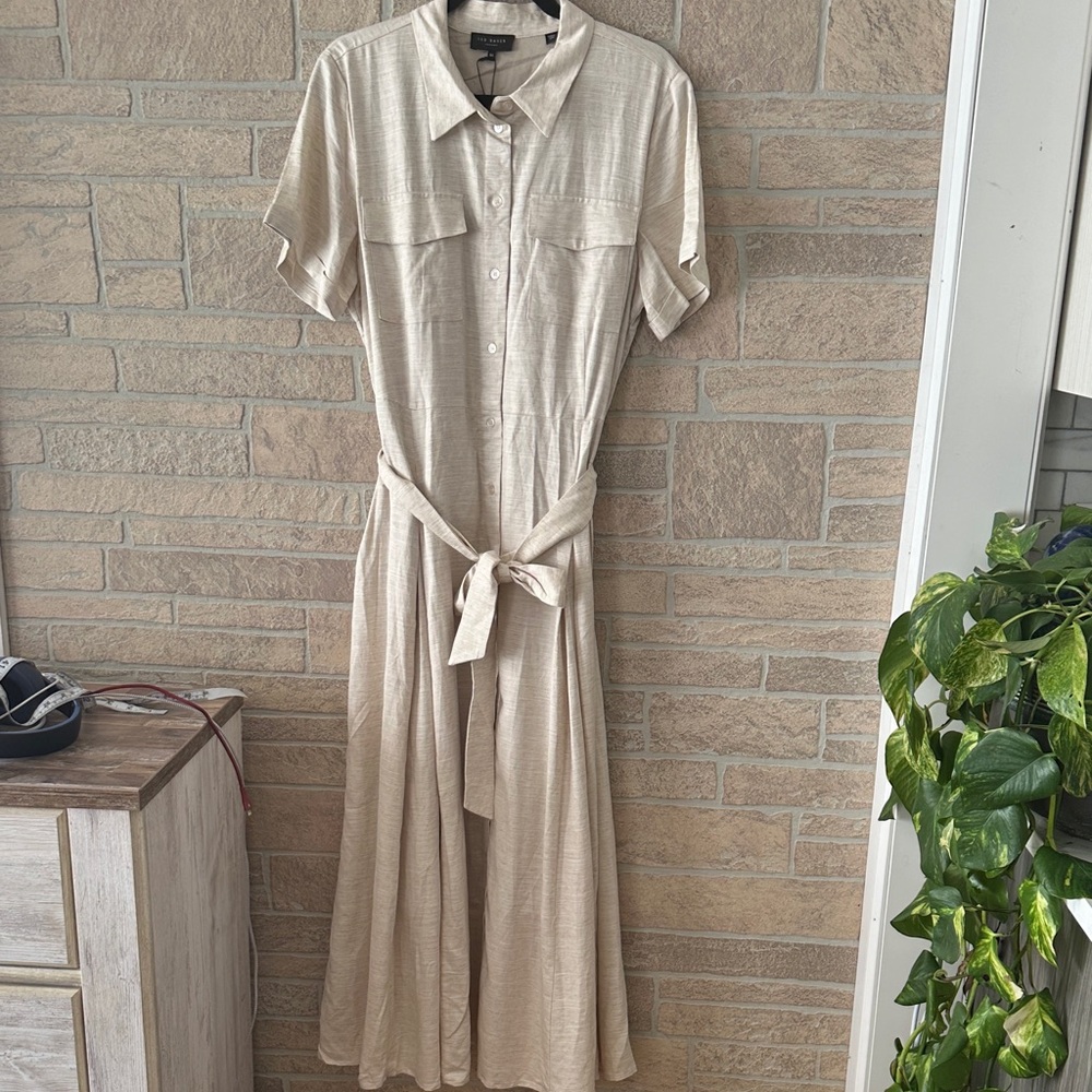 Ted Baker SHIRT DRESS WITH BELT Classic Neutral Rayon Linen - Picture 7 of 13